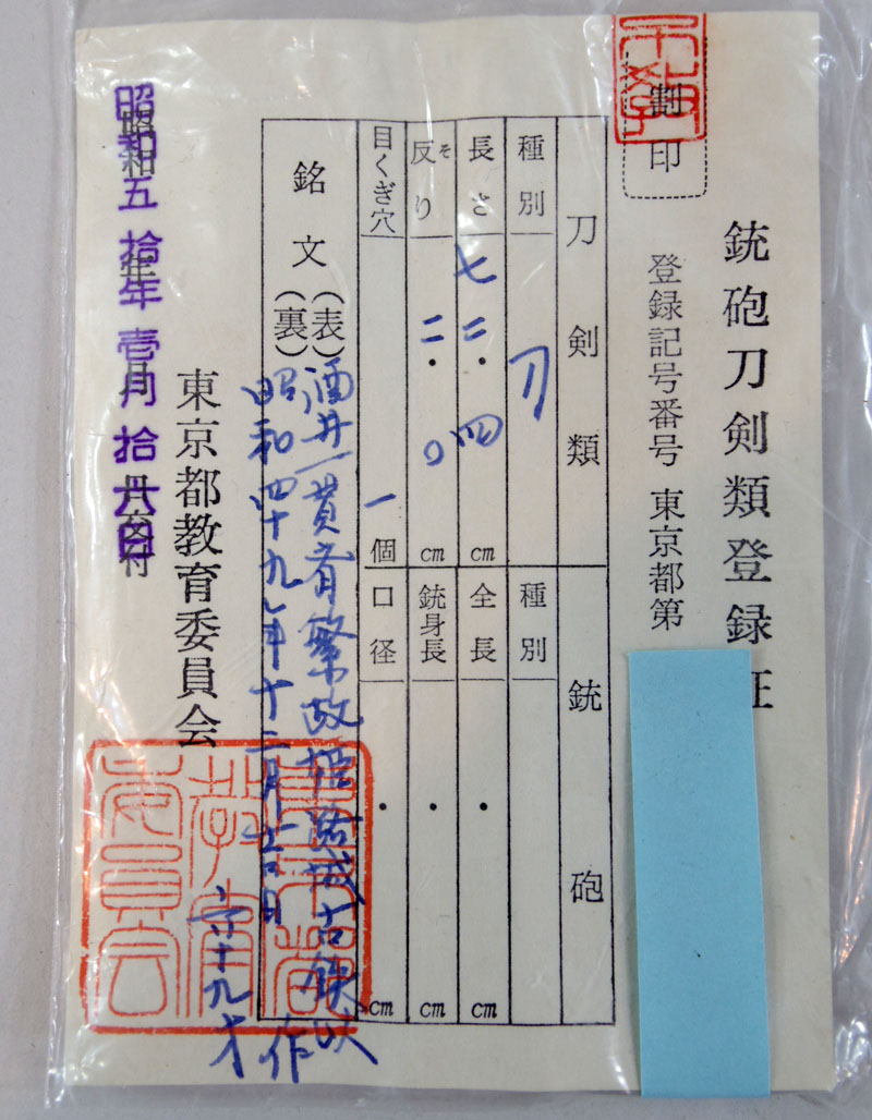 酒井一貫斎繁政 Picture of Certificate
