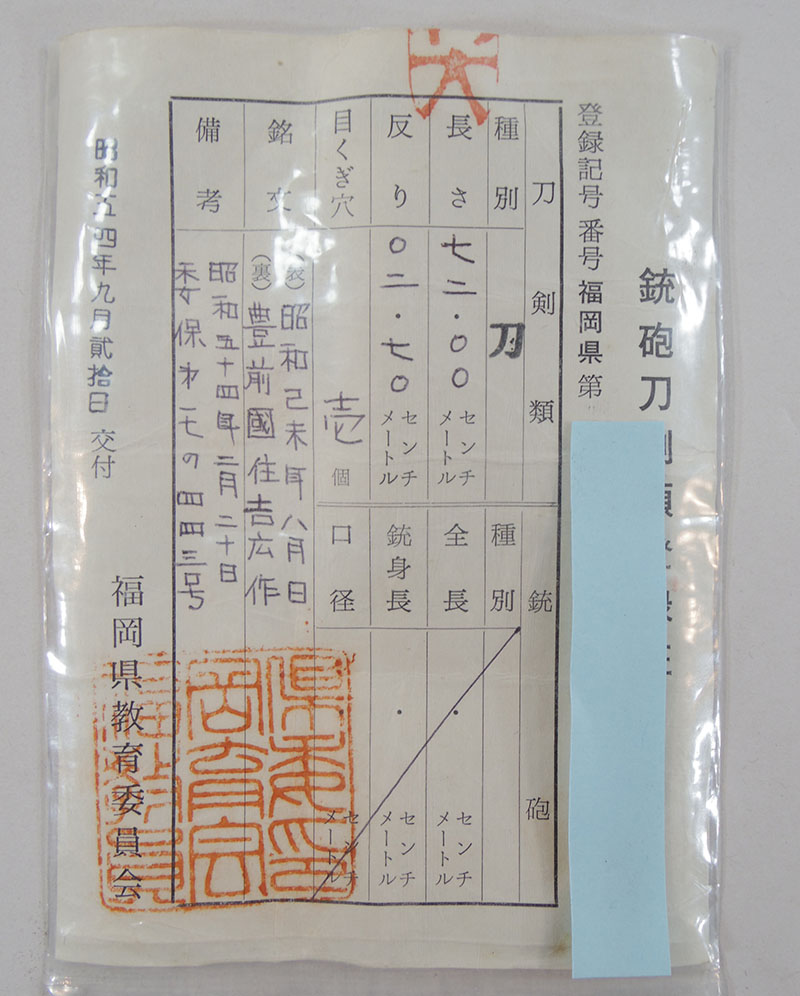筑前國住吉広作（瀬戸吉廣） Picture of Certificate