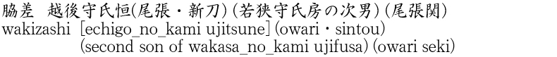 wakizashi [echigo_no_kami ujitsune] (owari・sintou) ( second son of wakasa_no_kami ujifusa) (owari seki) Name of Japan