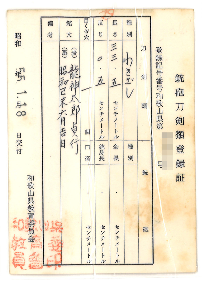 脇差 龍神太郎貞行 昭和己未年六月吉日 Picture of Certificate