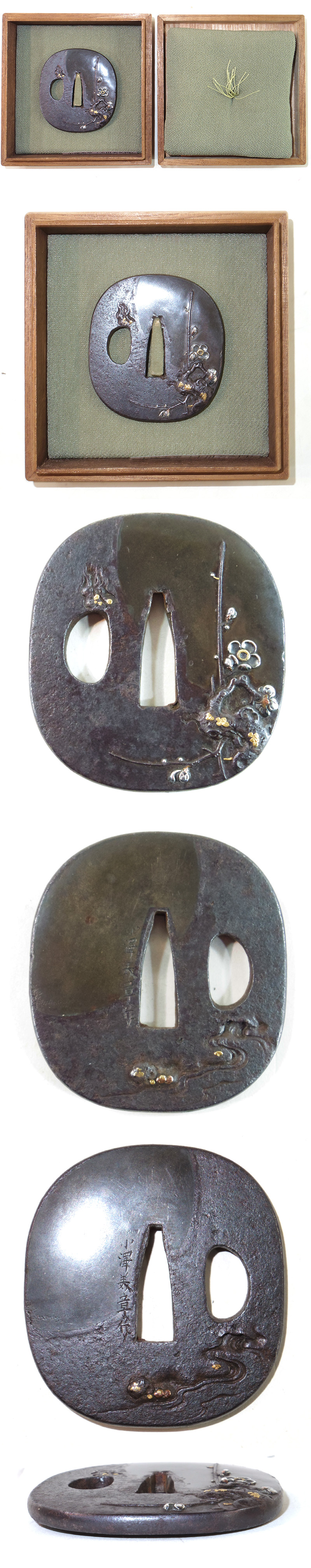 月下梅樹図鍔　小澤美章作　　　　　　　撫角形　鉄地　鋤出髙影　象嵌色絵 Picture of parts