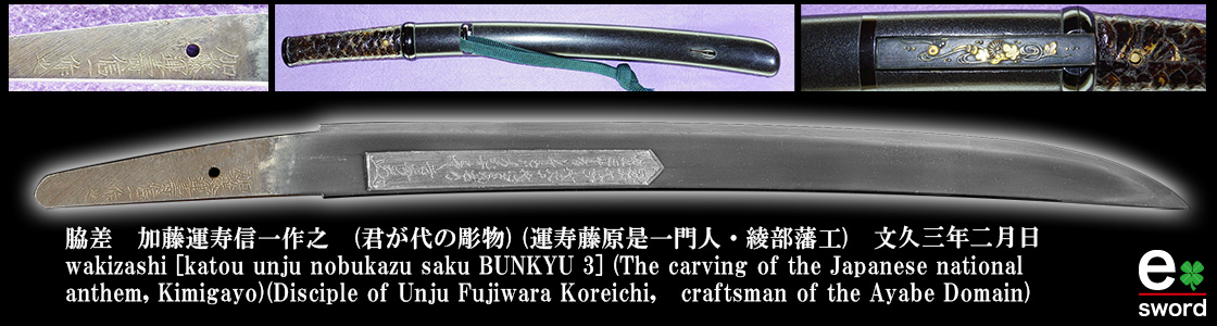 wakizashi [katou unju nobukazu saku BUNKYU 3] (The carving of the Japanese national anthem, Kimigayo)(Disciple of Unju Fujiwara Koreichi,　craftsman of the Ayabe Domain)